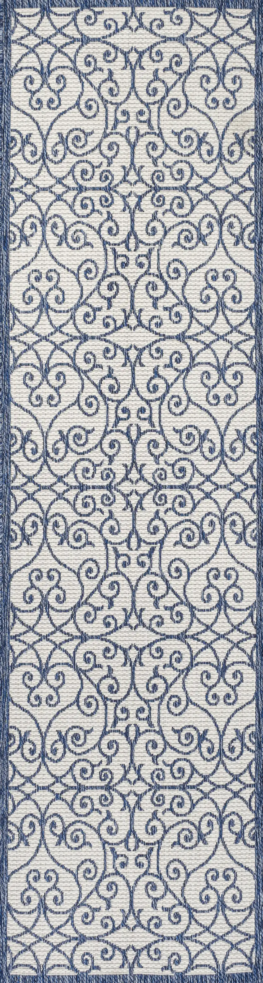 10' Blue And Cream Geometric Indoor Outdoor Runner Rug Photo 1