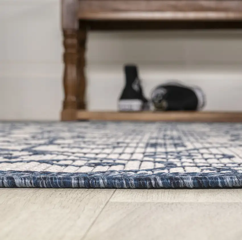 10' Blue And Cream Geometric Indoor Outdoor Runner Rug Photo 8