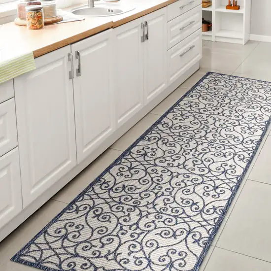 10' Blue And Cream Geometric Indoor Outdoor Runner Rug Photo 6