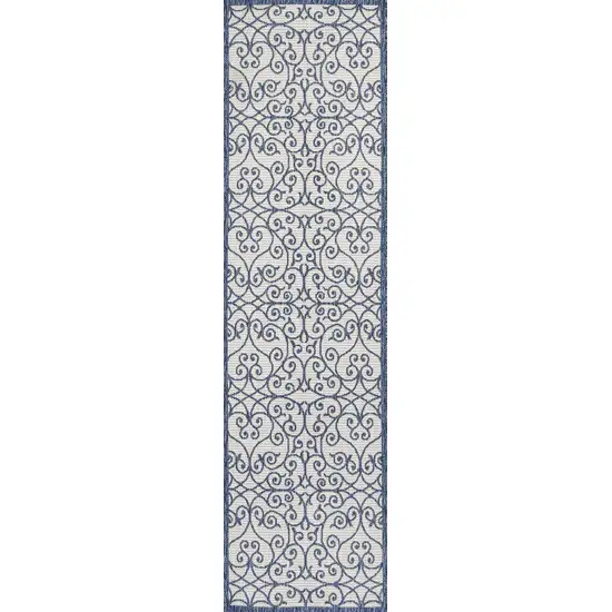 8' Blue And Cream Geometric Indoor Outdoor Runner Rug Photo 3