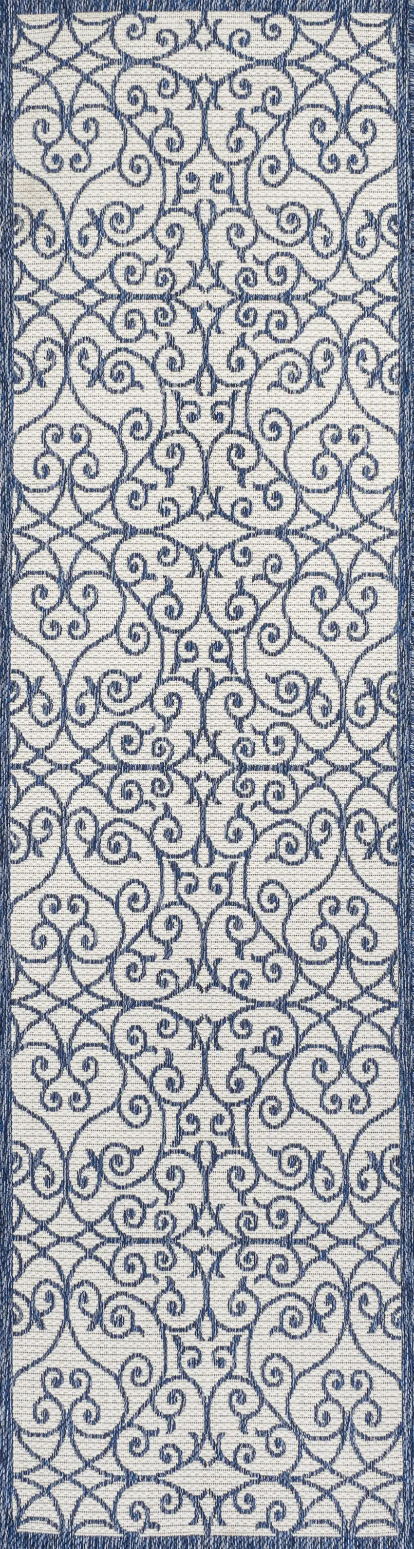 8' Blue And Cream Geometric Indoor Outdoor Runner Rug Photo 3