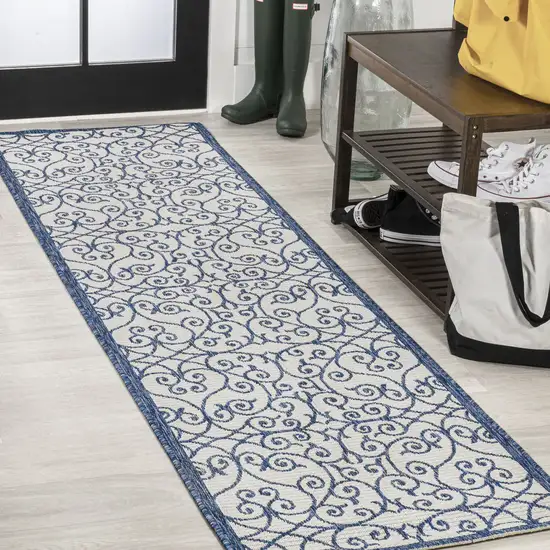8' Blue And Cream Geometric Indoor Outdoor Runner Rug Photo 4