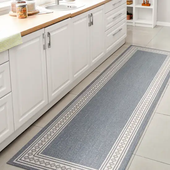 8' Blue And Cream Indoor Outdoor Runner Rug Photo 3