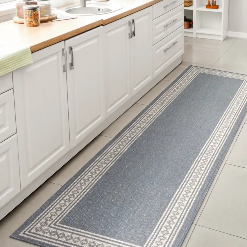 8' Blue And Cream Indoor Outdoor Runner Rug Photo 3