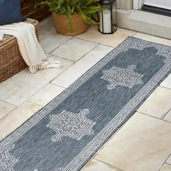 8' Blue And Cream Medallion Indoor Outdoor Runner Rug Photo 6