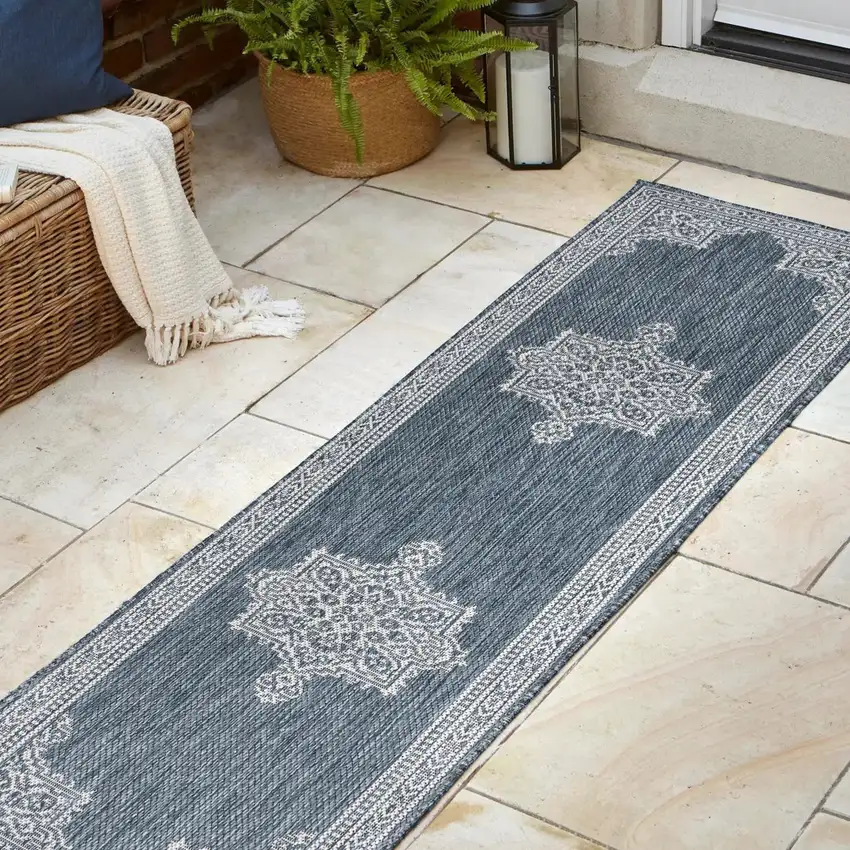 8' Blue And Cream Medallion Indoor Outdoor Runner Rug Photo 6