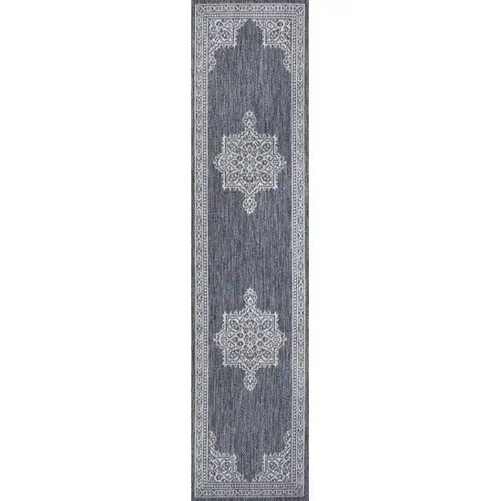 8' Blue And Cream Medallion Indoor Outdoor Runner Rug Photo 8