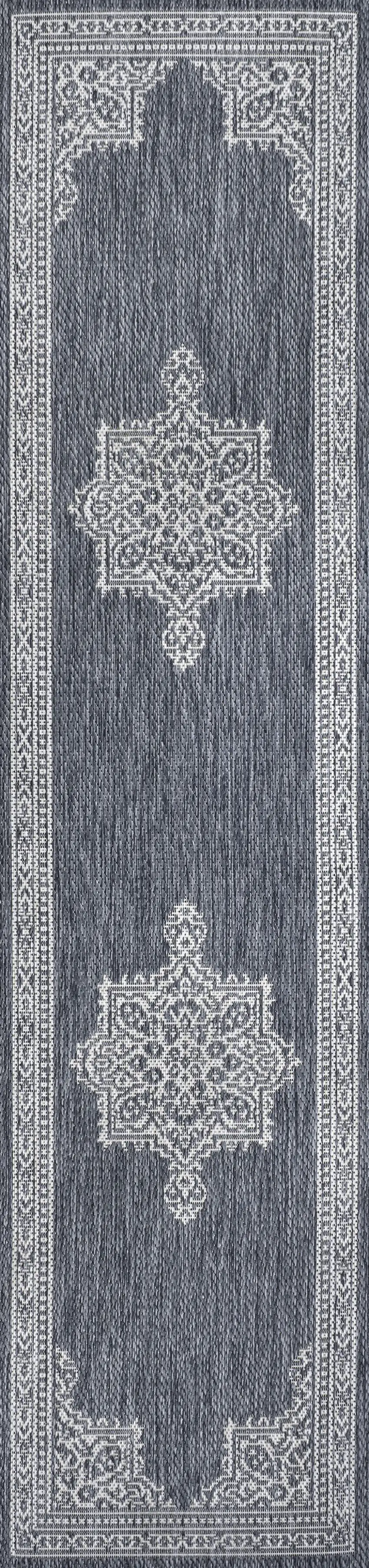 8' Blue And Cream Medallion Indoor Outdoor Runner Rug Photo 8