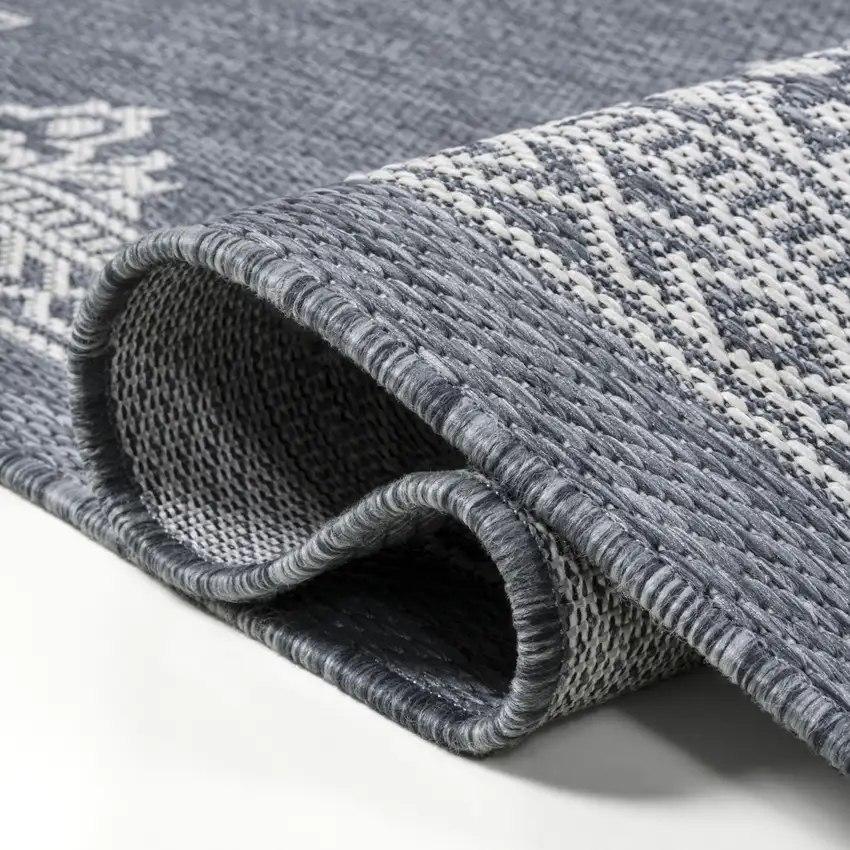 8' Blue And Cream Medallion Indoor Outdoor Runner Rug Photo 7