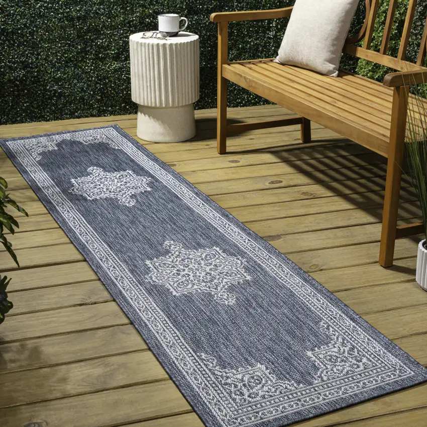 8' Blue And Cream Medallion Indoor Outdoor Runner Rug Photo 5