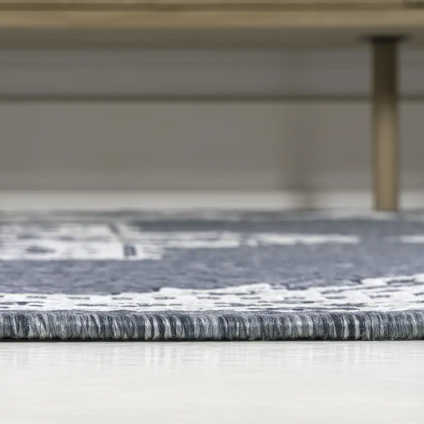 8' Blue And Cream Medallion Indoor Outdoor Runner Rug Photo 9