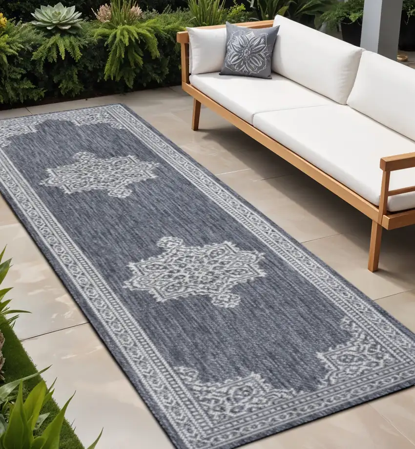 8' Blue And Cream Medallion Indoor Outdoor Runner Rug Photo 1