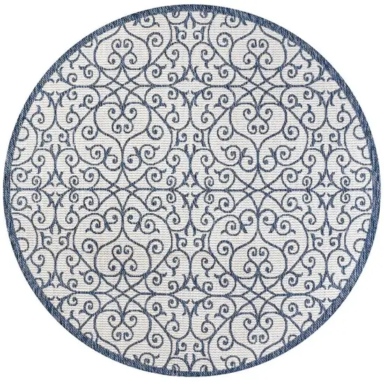 5' Blue And Cream Round Geometric Indoor Outdoor Area Rug Photo 2