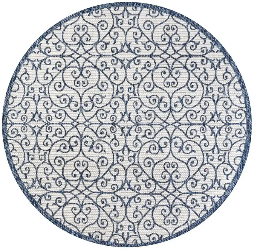 5' Blue And Cream Round Geometric Indoor Outdoor Area Rug Photo 2
