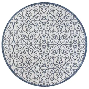 Photo of 5' Blue And Cream Round Geometric Indoor Outdoor Area Rug
