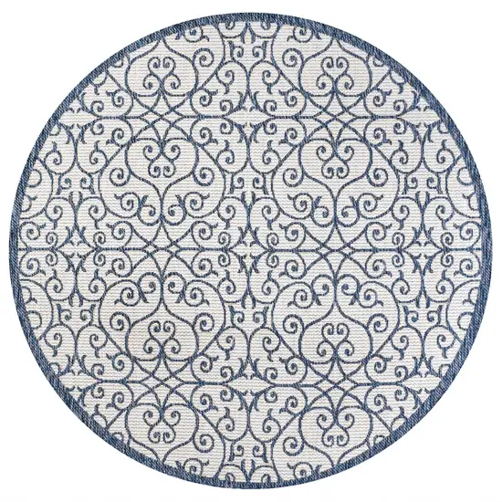 5' Blue And Cream Round Geometric Indoor Outdoor Area Rug Photo 1
