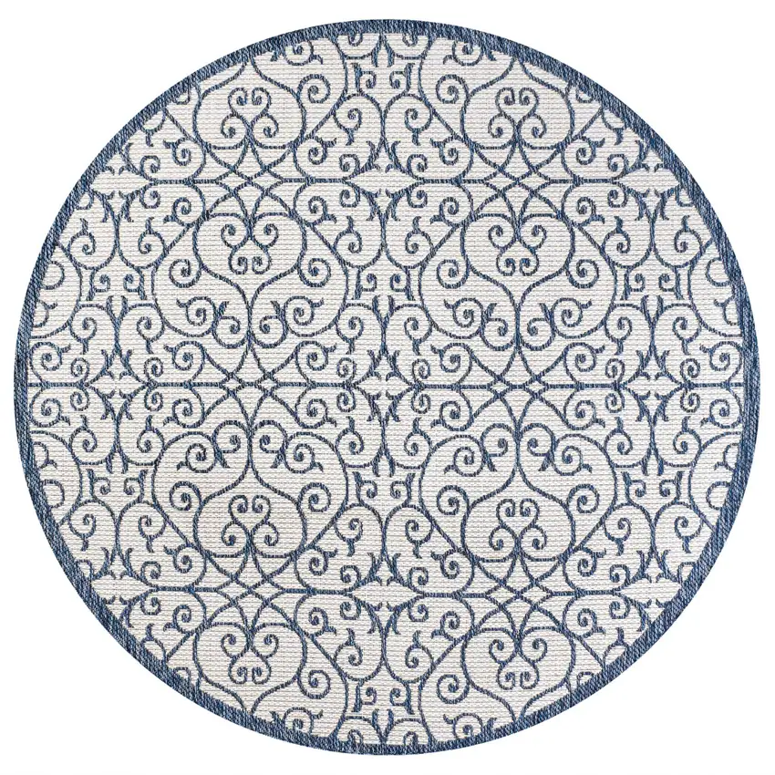 5' Blue And Cream Round Geometric Indoor Outdoor Area Rug Photo 1
