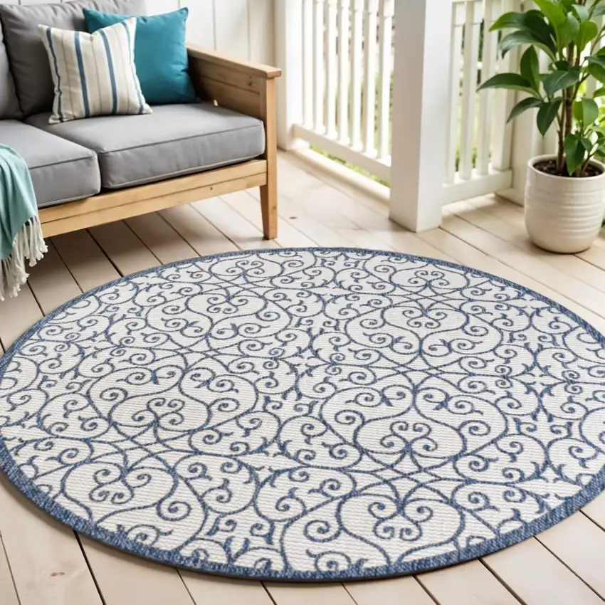 5' Blue And Cream Round Geometric Indoor Outdoor Area Rug Photo 1