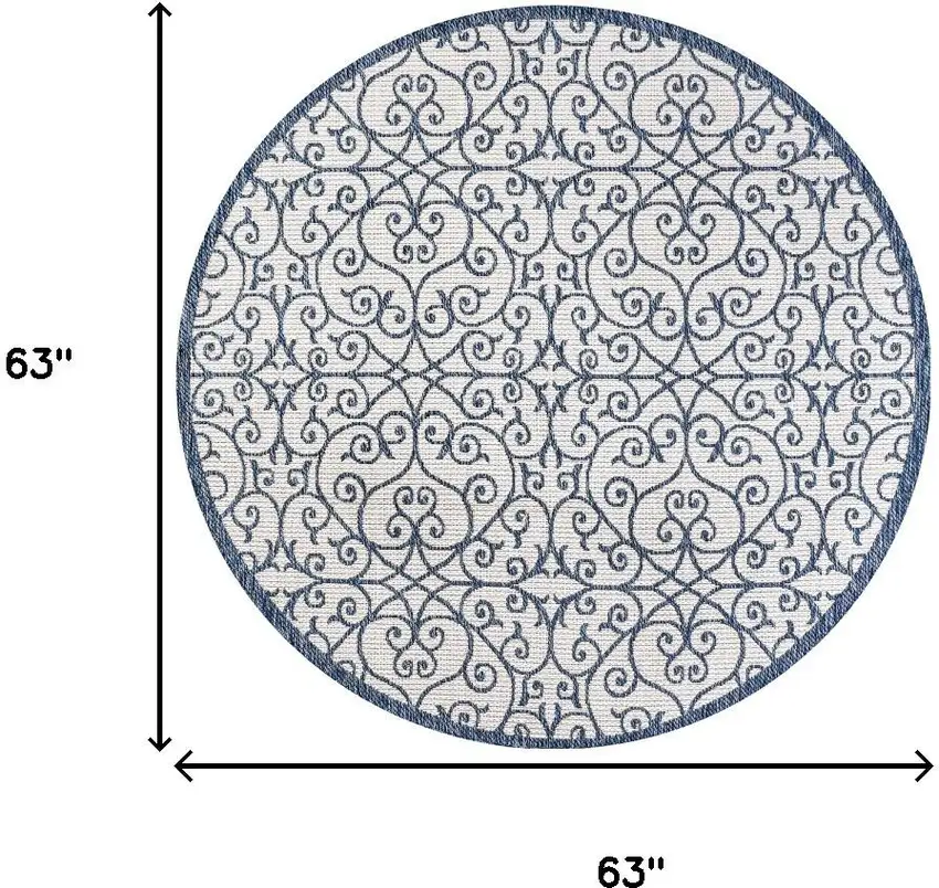 5' Blue And Cream Round Geometric Indoor Outdoor Area Rug Photo 9