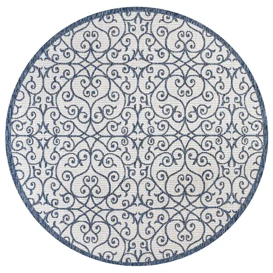 5' Blue And Cream Round Geometric Indoor Outdoor Area Rug Photo 3