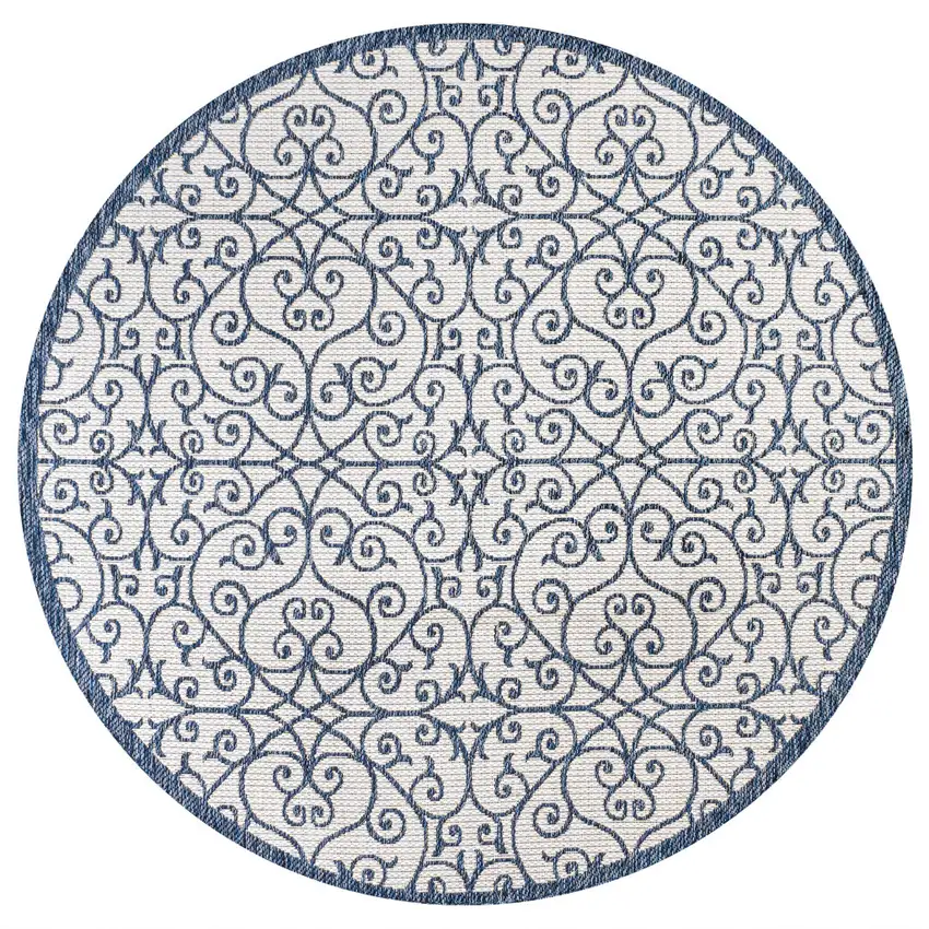 5' Blue And Cream Round Geometric Indoor Outdoor Area Rug Photo 3