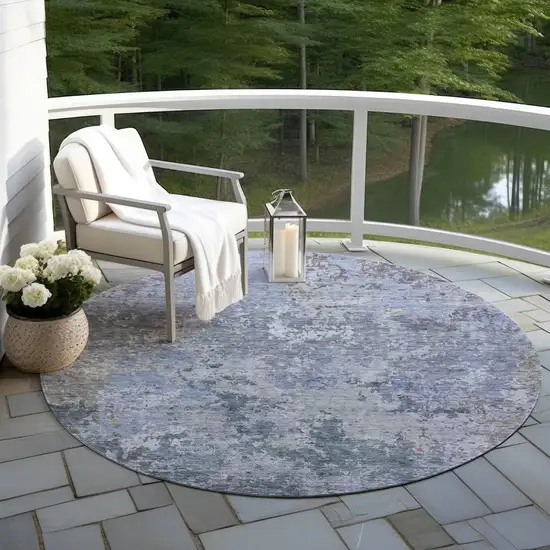 8' Blue And Dark Gray Round Abstract Washable Indoor Outdoor Area Rug Photo 6