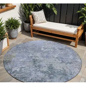 Photo of 8' Blue And Dark Gray Round Abstract Washable Indoor Outdoor Area Rug
