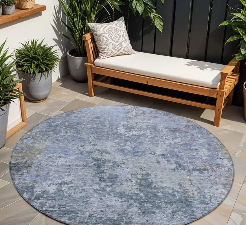 8' Blue And Dark Gray Round Abstract Washable Indoor Outdoor Area Rug Photo 1
