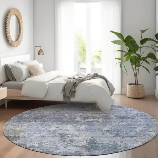 8' Blue And Dark Gray Round Abstract Washable Indoor Outdoor Area Rug Photo 7