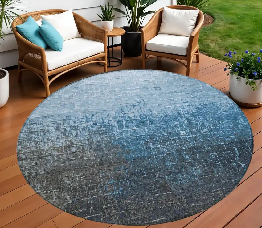8' Blue And Dark Gray Round Ombre Washable Indoor Outdoor Area Rug Photo 1