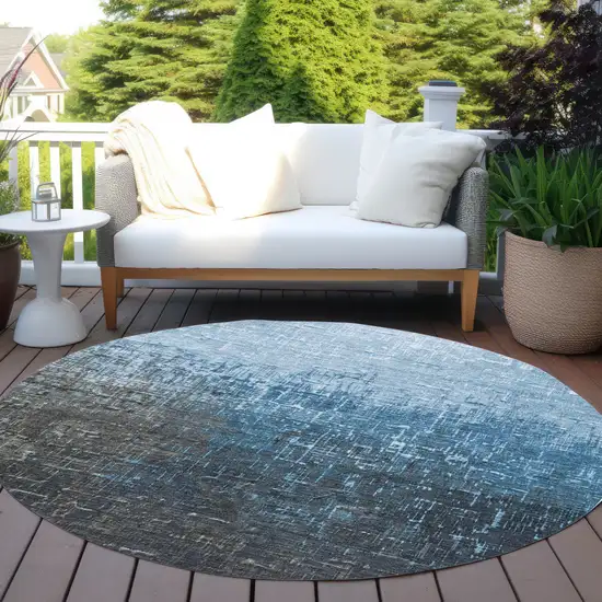 8' Blue And Dark Gray Round Ombre Washable Indoor Outdoor Area Rug Photo 7