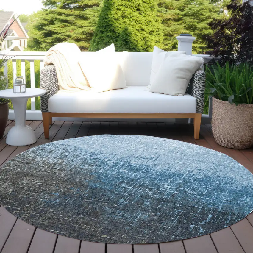 8' Blue And Dark Gray Round Ombre Washable Indoor Outdoor Area Rug Photo 7