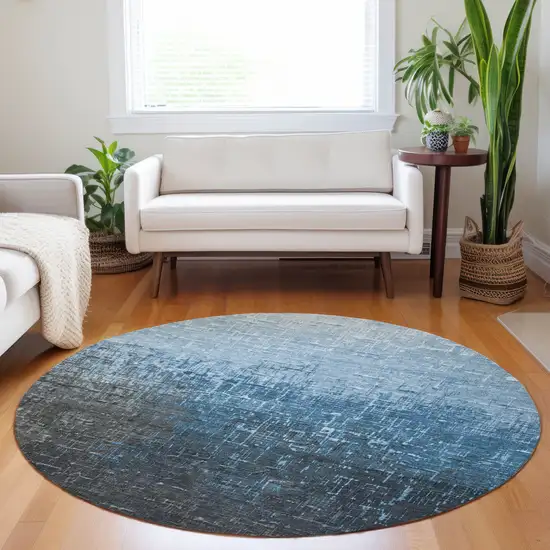 8' Blue And Dark Gray Round Ombre Washable Indoor Outdoor Area Rug Photo 8