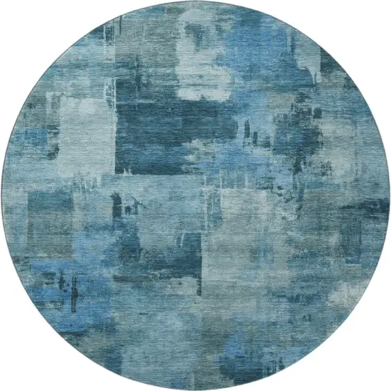 8' Blue And Denim Blue Abstract Washable Round Rug With UV Protection Photo 4