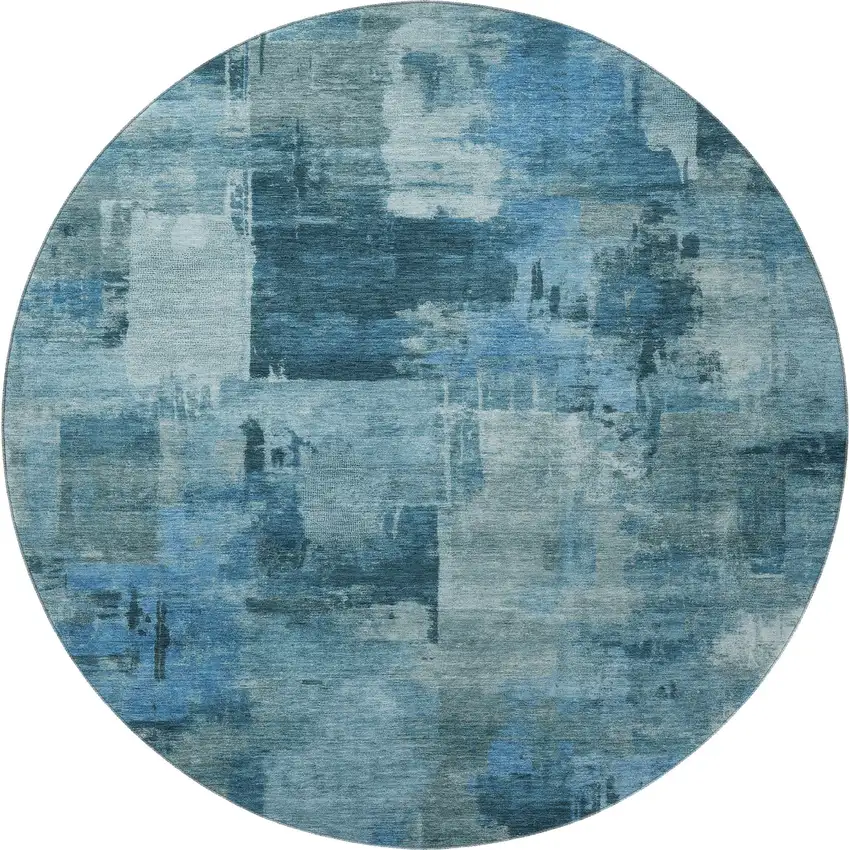8' Blue And Denim Blue Abstract Washable Round Rug With UV Protection Photo 4
