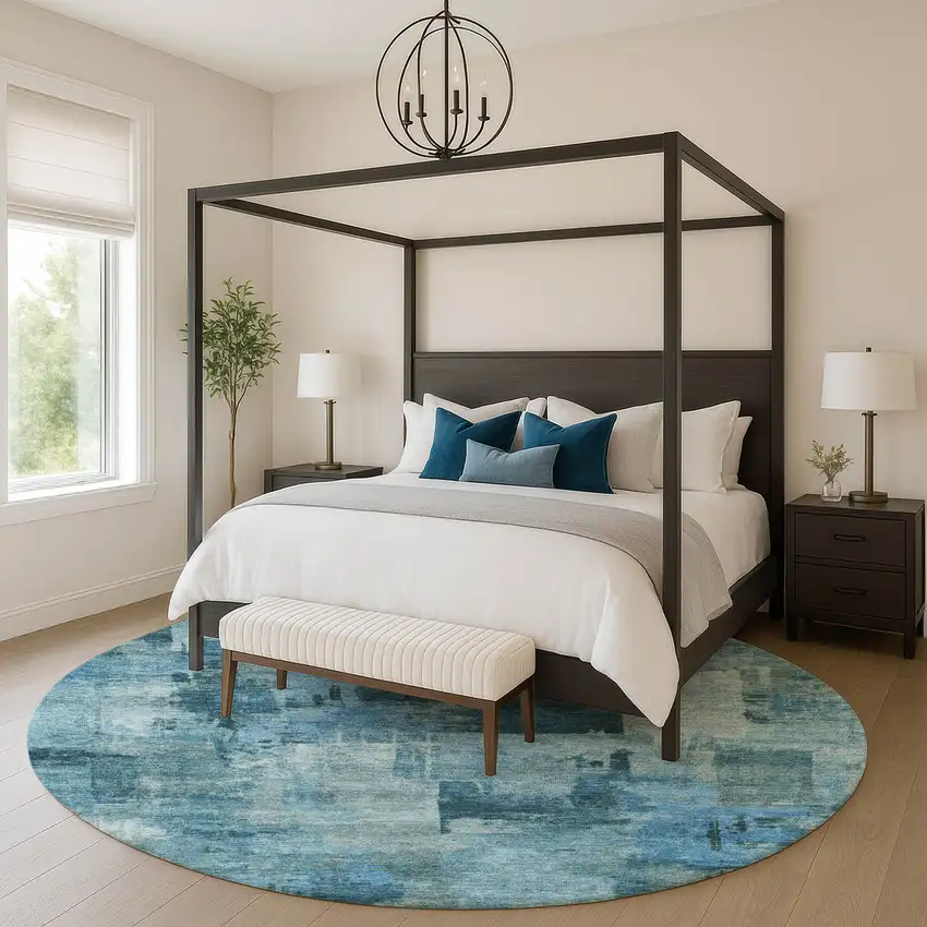 8' Blue And Denim Blue Abstract Washable Round Rug With UV Protection Photo 5