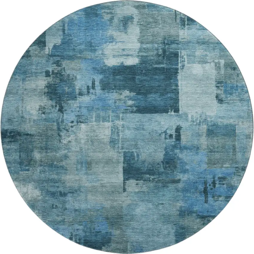 8' Blue And Denim Blue Abstract Washable Round Rug With UV Protection Photo 1