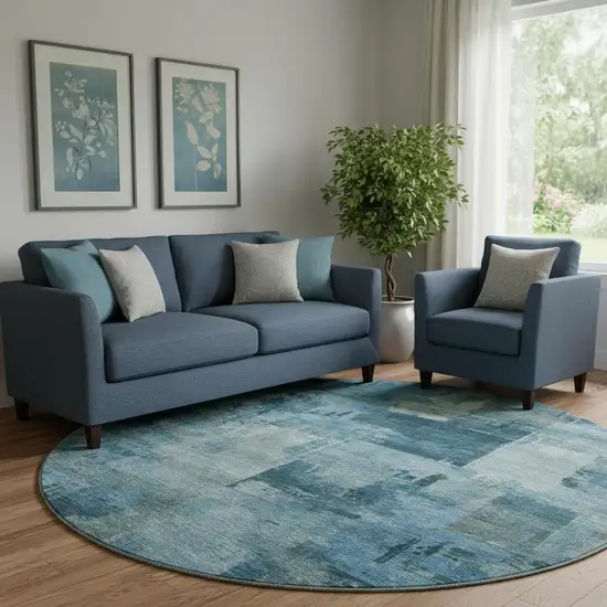 8' Blue And Denim Blue Abstract Washable Round Rug With UV Protection Photo 2