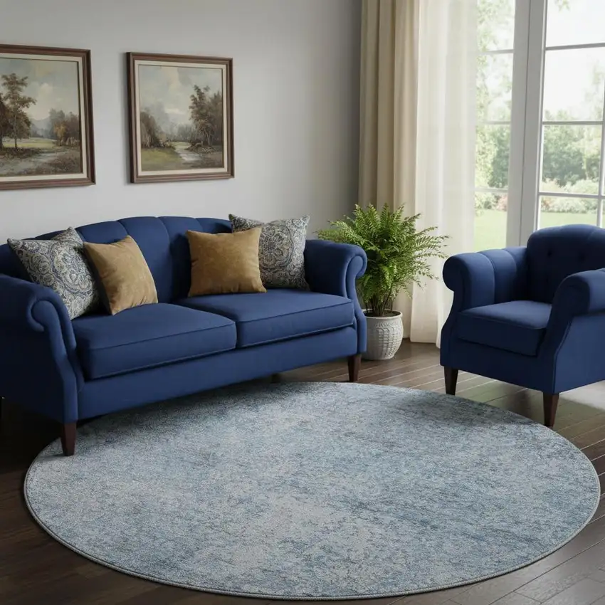 8' Blue And Denim Blue Abstract Washable Round Rug With UV Protection Photo 2