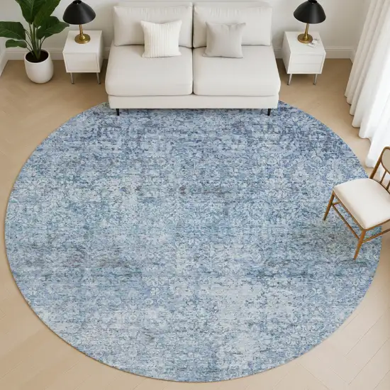 8' Blue And Denim Blue Abstract Washable Round Rug With UV Protection Photo 5