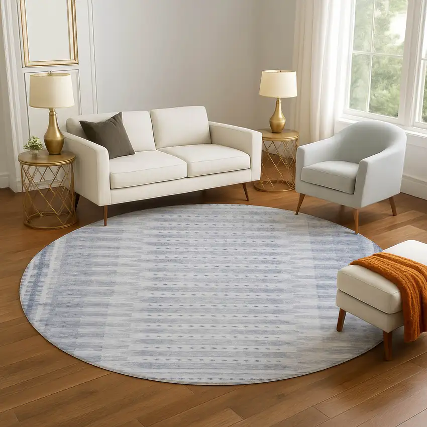 8' Blue And Denim Blue Geometric Washable Round Rug With UV Protection Photo 5