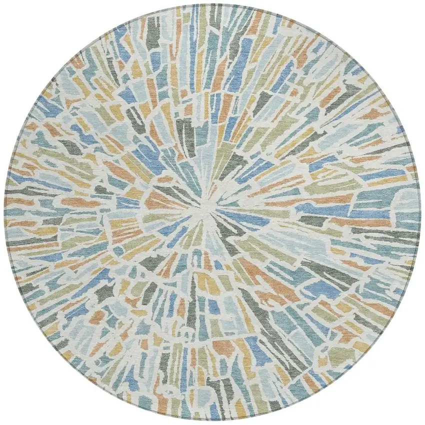 8' Blue And Denim Blue Round Abstract Washable Indoor Outdoor Area Rug Photo 4