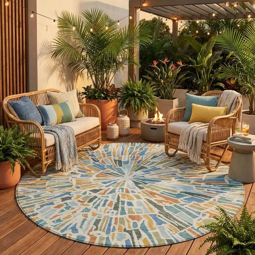 8' Blue And Denim Blue Round Abstract Washable Indoor Outdoor Area Rug Photo 1