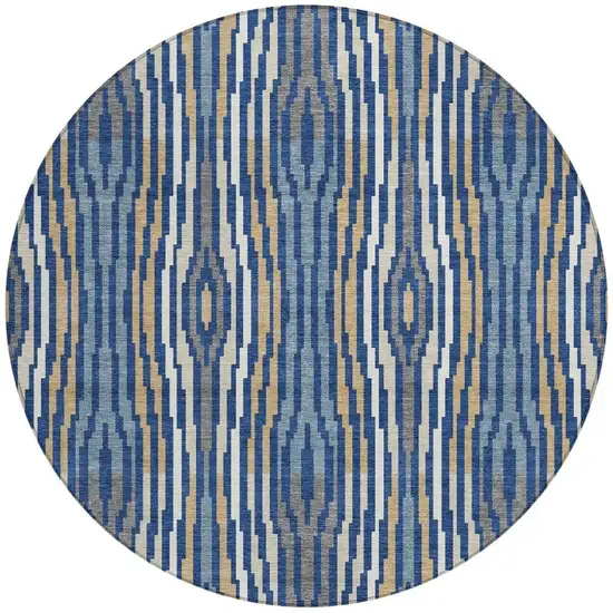 8' Blue And Denim Blue Round Abstract Washable Indoor Outdoor Area Rug Photo 3