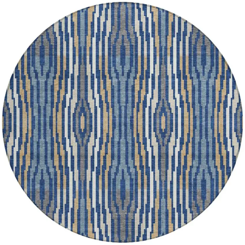 8' Blue And Denim Blue Round Abstract Washable Indoor Outdoor Area Rug Photo 3