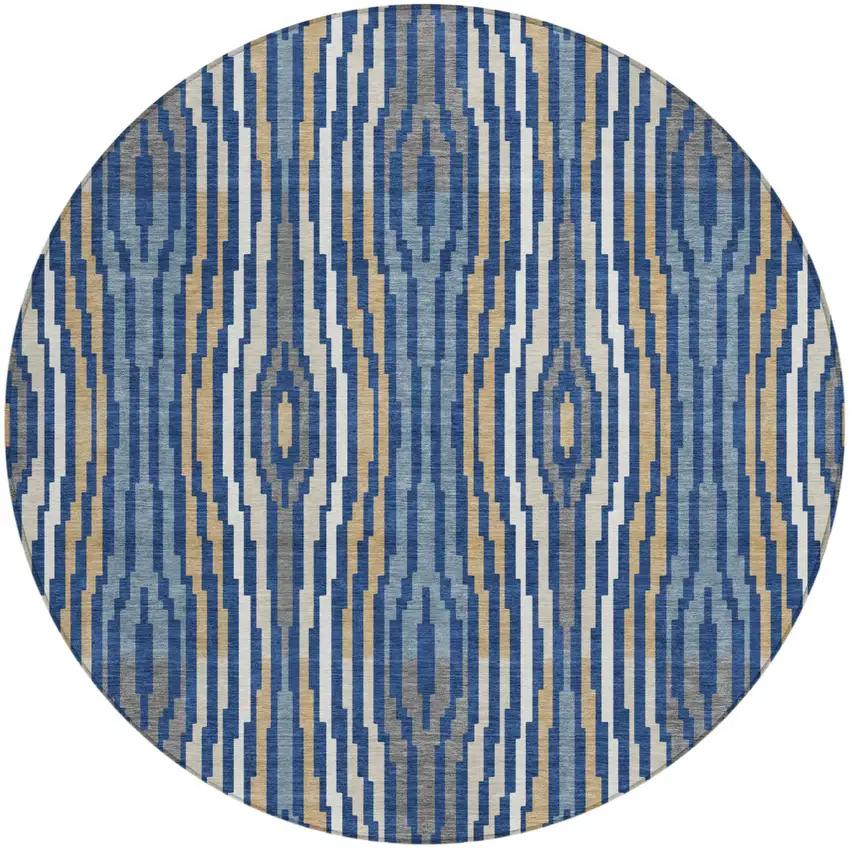 8' Blue And Denim Blue Round Abstract Washable Indoor Outdoor Area Rug Photo 2