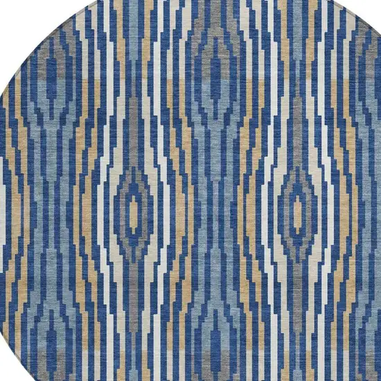 8' Blue And Denim Blue Round Abstract Washable Indoor Outdoor Area Rug Photo 4