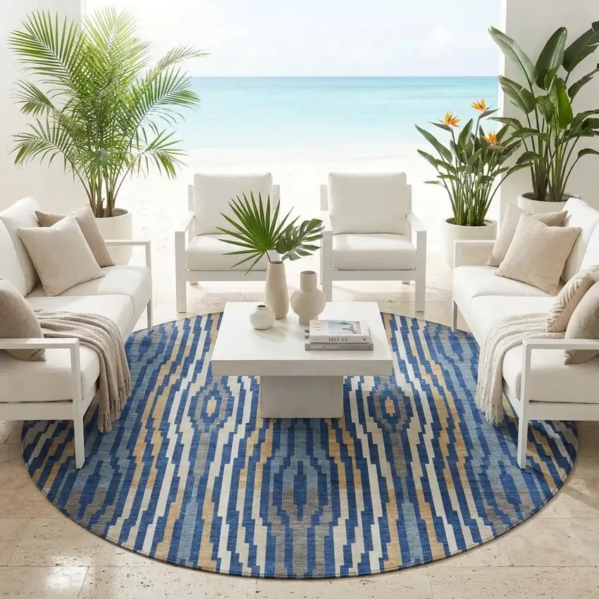 8' Blue And Denim Blue Round Abstract Washable Indoor Outdoor Area Rug Photo 1