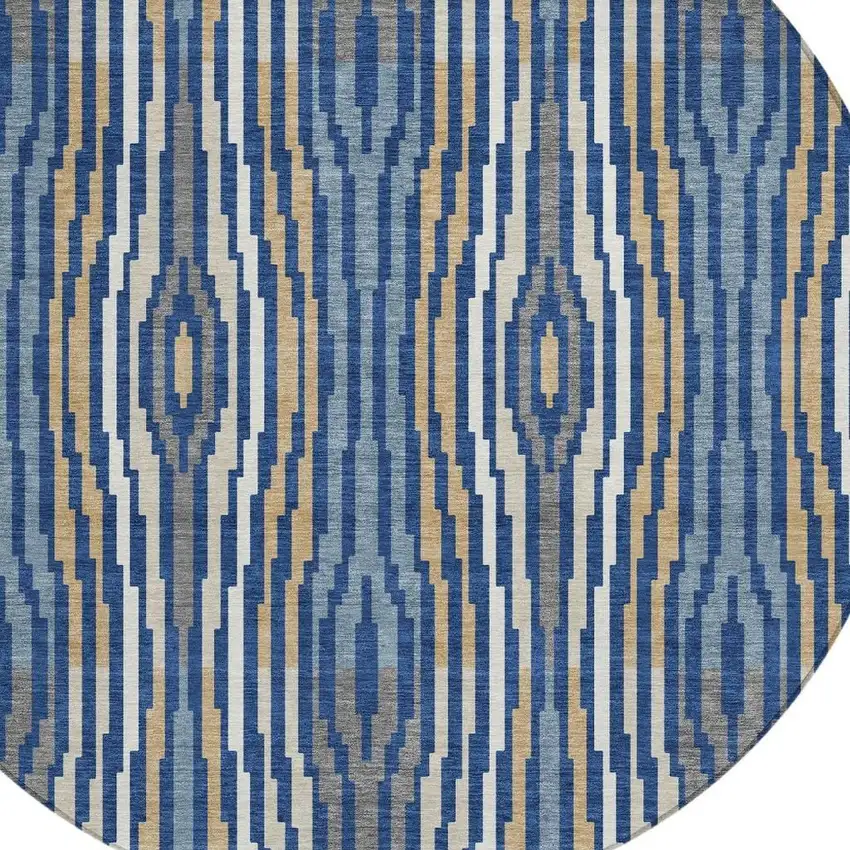 8' Blue And Denim Blue Round Abstract Washable Indoor Outdoor Area Rug Photo 5