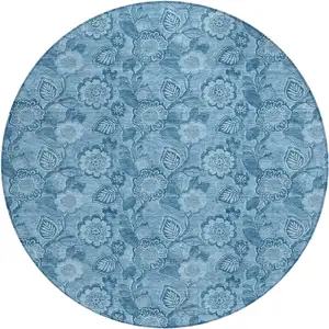 Photo of 8' Blue And Denim Blue Round Floral Washable Indoor Outdoor Area Rug